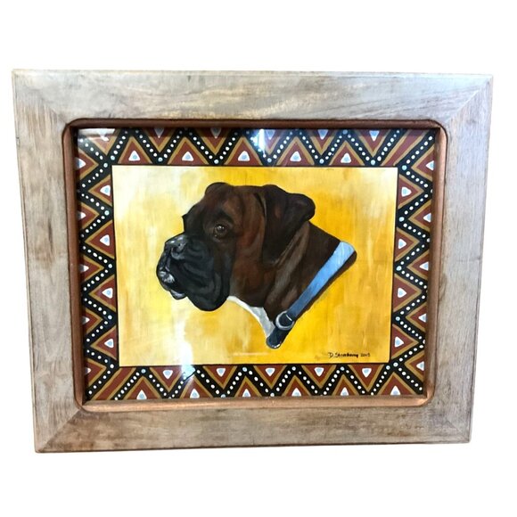 BOXER DOG PAINTING HAND PAINTED SIGNED BY D. STEENKAMP 2015 FRAMED 17" X 14"